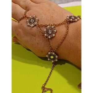 Handmade Antiqued Golden tone rhinestone faux pearl slave bracelet